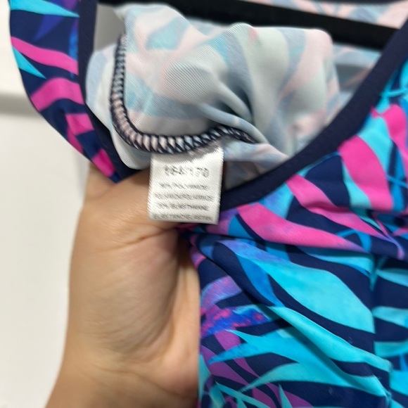 Tropical Leaf Kids Swim One Piece - Blue and Pink - Picture 2 of 4